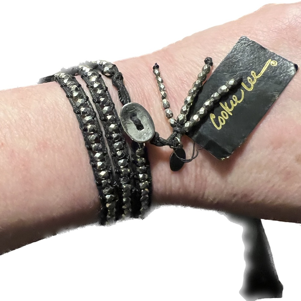 🪩 Sparkling Silver Tone Nugget on Black Cloth Wrap Bracelet/Necklace/Anklet